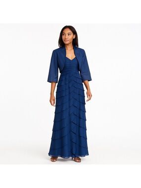 Adrianna Papell Mother Bride Groom Blue Tiered Chiffon Gown Bolero Wedding Guest